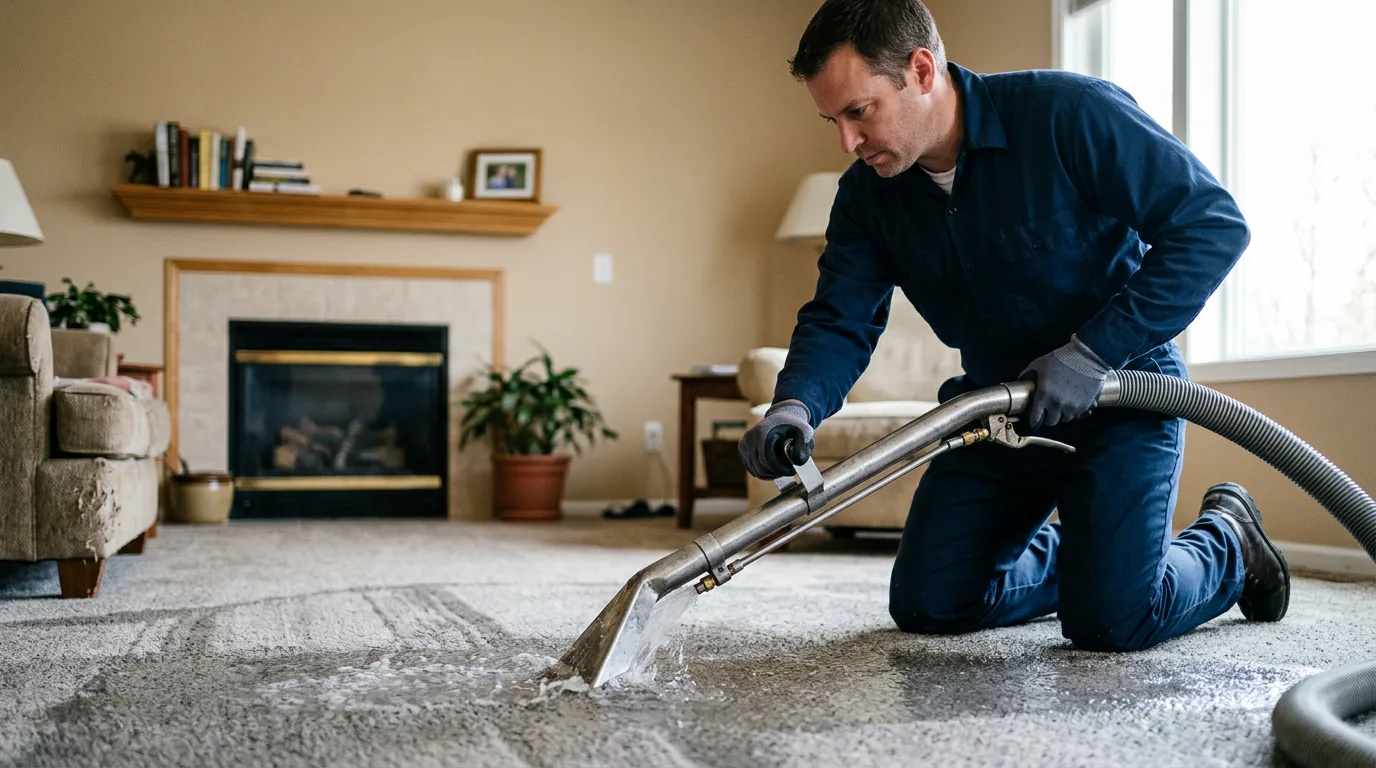 Water damage restoration technician working near Amherst, WI